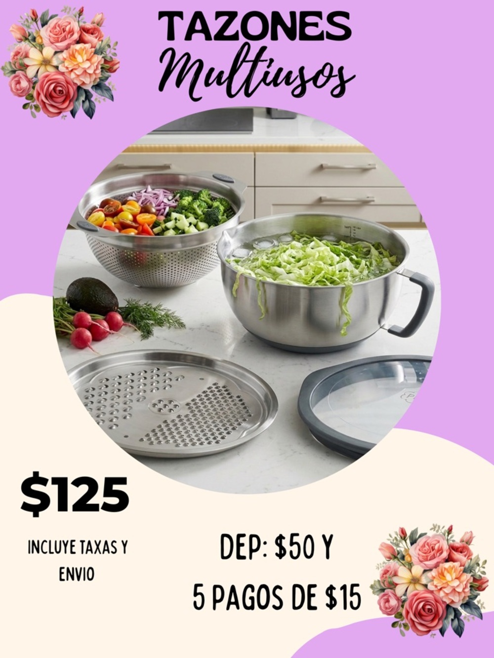 Princess House Stainless Steel Mixing Bowl Set with Colander and Lid - Silver